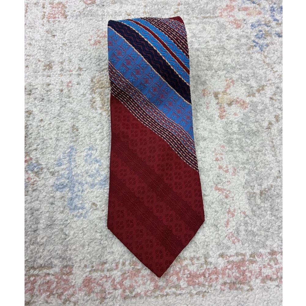 Vintage 70s Custom Cravateur Geometric Stripe Necktie Burgundy Blue Trevira